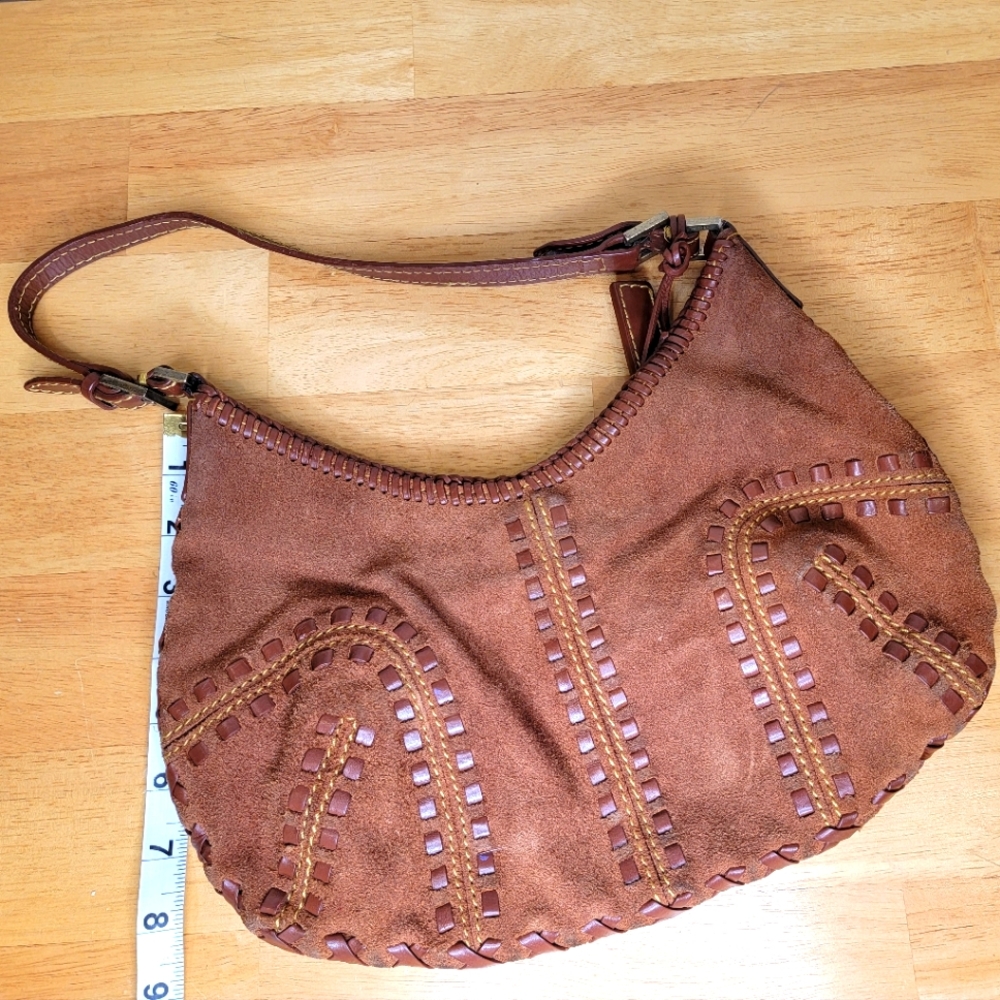 Antonio Melani Suede Leather Baseball Stitch Shoulder Bag Purse Brown